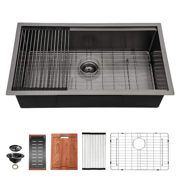 Unbranded Workstation 28 in. Undermount 16 Gauge Gunmetal Black Stainless Steel Single Bowl Kitchen Sink with Accessories