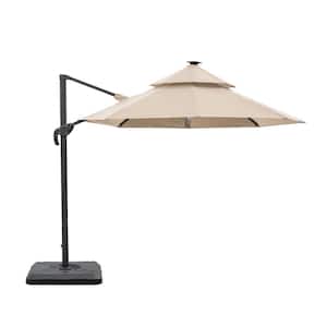 2pc Maxy 10 ft. Steel Roma Cantilever Solar LED Strip Tilt 360 Patio Umbrella In Beige With Base