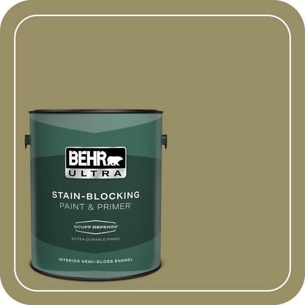 BEHR ULTRA 1 gal. #390F-6 Tate Olive Extra Durable Semi-Gloss Enamel Interior Paint & Primer