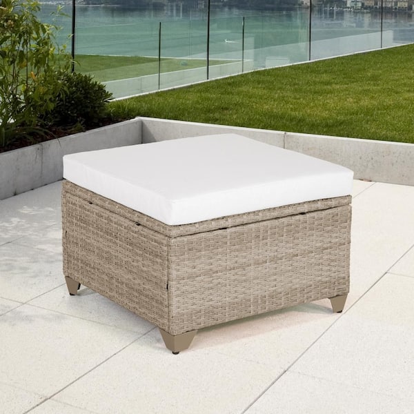 TK CLASSICS Maui Wicker Outdoor Ottoman with Linen White Cushion