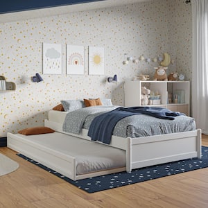 Barcelona White Solid Wood Frame Twin Panel Platform Bed with Twin Trundle