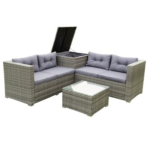 4-Piece Wicker Rattan 4 Seat Outdoor Patio Conversation Set with Storage Box Grey Cushions and Coffee Table, for Garden