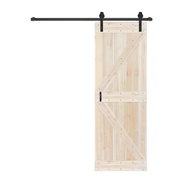 ISLIFE K Style 28 in. x 84 in. Unfinished Soild Wood Sliding Barn Door with Hardware Kit - Assembly Needed