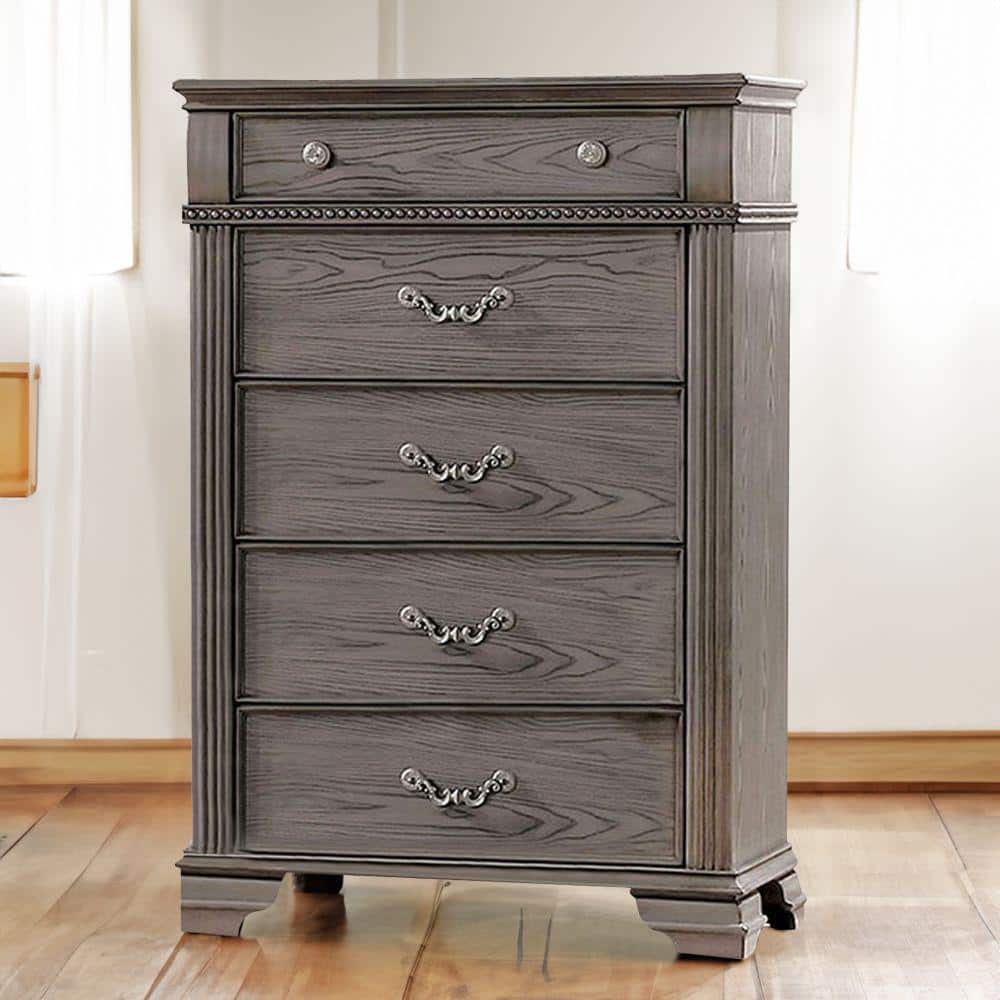 Benjara 17 in. Gray 5Drawer Wooden Tall Dresser Chest of Drawers