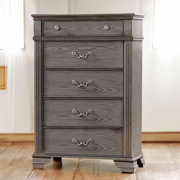 Benjara 17 in. Gray 5-Drawer Wooden Tall Dresser Chest of Drawers
