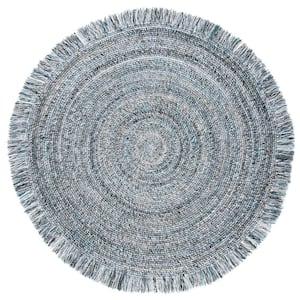 Braided Blue/Ivory 5 ft. x 5 ft. Round Striped Geometric Area Rug