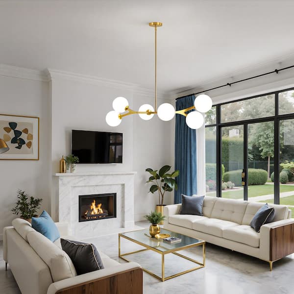 KAISITE 6-Light Brushed Gold Shaded Pendant Light with Globe