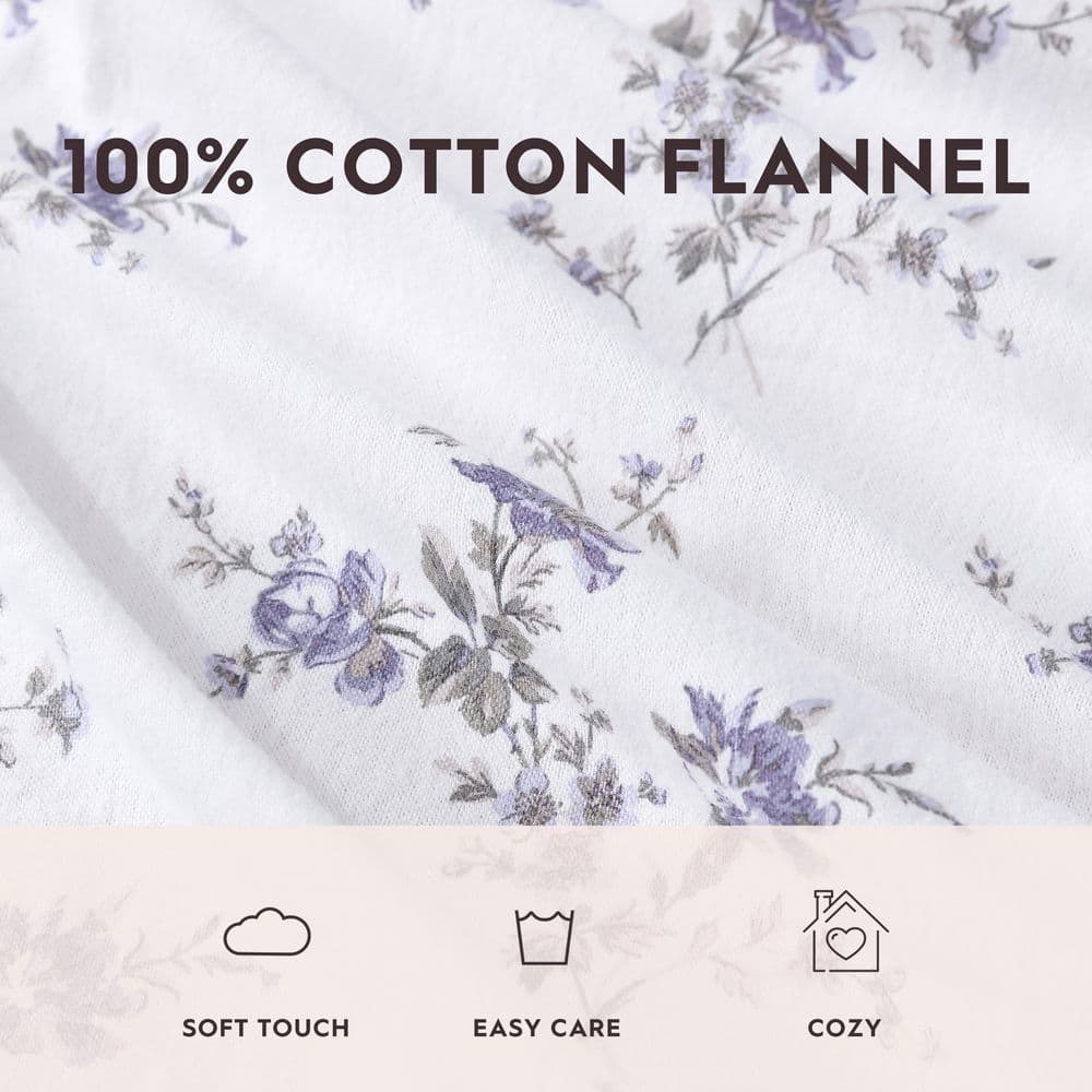Jessika Purple Floral Cotton Flannel King Sheet Set