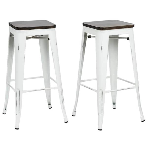 Carolina Forge Cormac 30 in. Antique White Wood Seat Bar Stool (Set of 2)