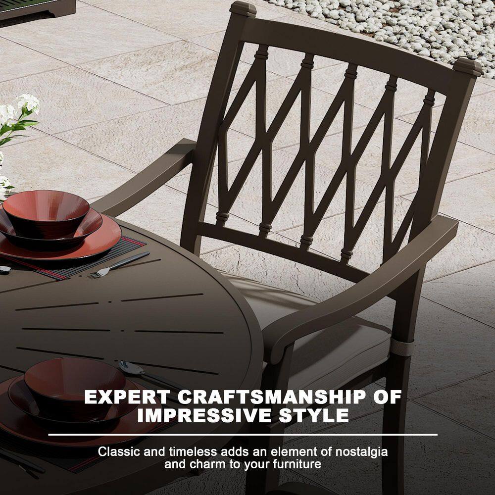 Beige Cushioned Cast Aluminum Outdoor Dining Chairs, Set of 4