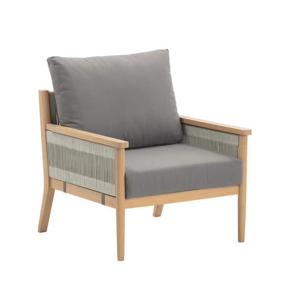 Nathan James Kayden Raw Oak Bohemian Solid Wood Outdoor Patio Lounge Chair with Medium Gray Upholstered Cushions and Rope Accent