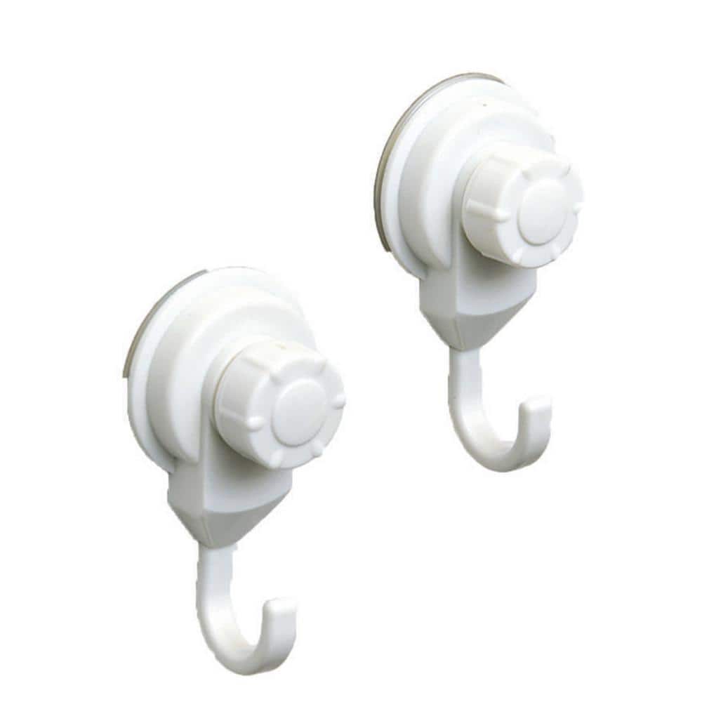 White Plastic and Metal Suction Cup Wall Hooks Set of 2
