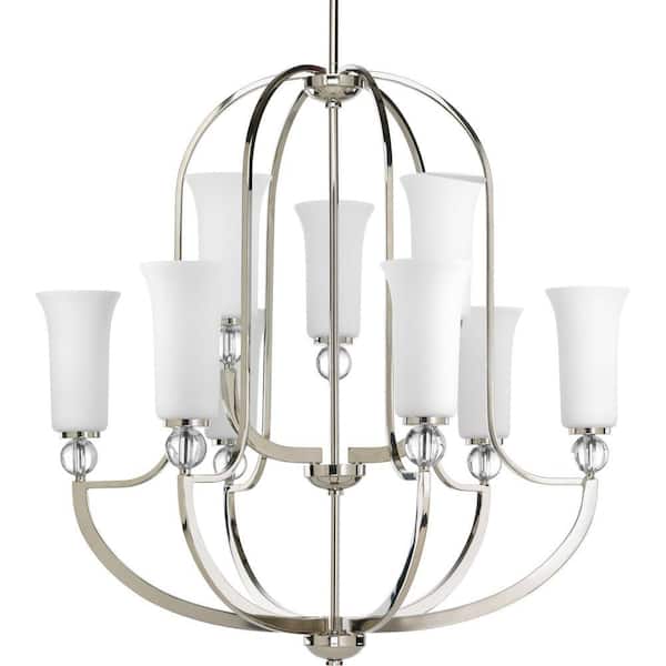 Progress Lighting Elina Collection 9-Light Polished Nickel Chandelier with Opal Glass Shade