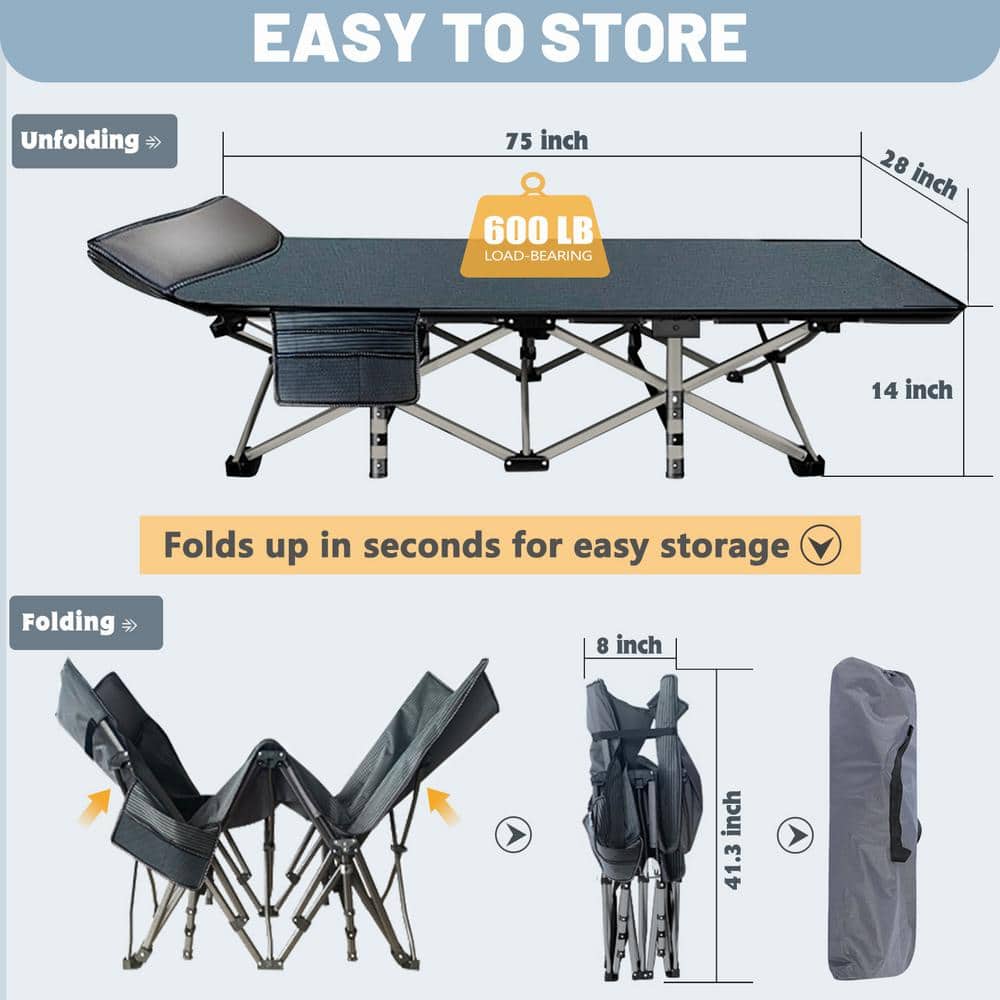 Gray Steel Folding Camping Cot with Oxford Mattress