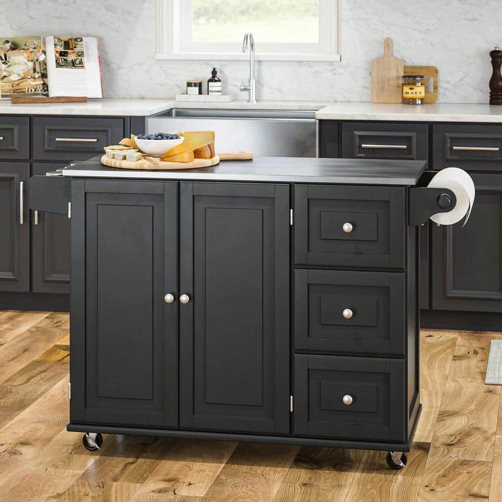 Stainless Steel Top Rectangular Kitchen Cart with Spice Rack and Storage, Black