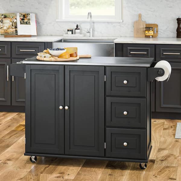Dolly Madison Black Kitchen Cart with Stainless Top