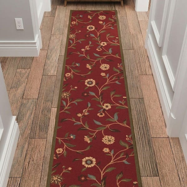 Homeline Non-Slip Rubberback 2 ft. x 25 ft. Floral Leaves Indoor, Dark Red Runner Rug