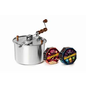 6 Qt. Aluminum Silver Stovetop Popcorn Popper with Movie Reel Popcorn and Seasonings 3-Piece Popcorn Set