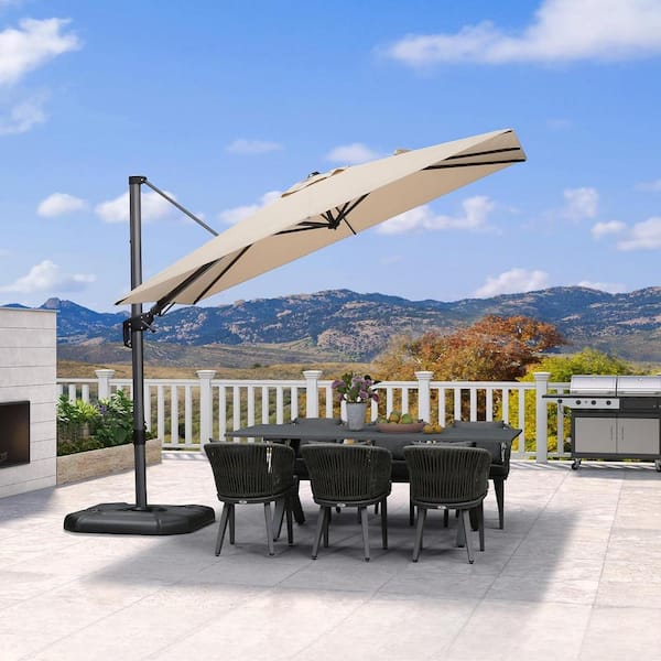 6 ft. x 10 ft. Cantilever Patio Umbrella Swivel Aluminum Offset 360° Rotation Umbrella with Base, Beige
