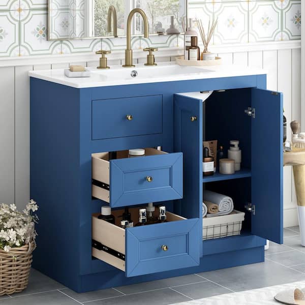 36 in. Single Sink Freestanding Blue Bath Vanity with White Ceramic Top and 2-Drawer Storage Cabinet Unassembled