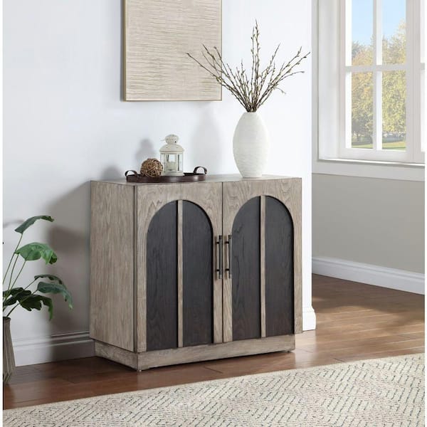 Gray Wooden 33 in. Washed 2 Door Cabinet with Black Split Arches and Metal Bar Handles