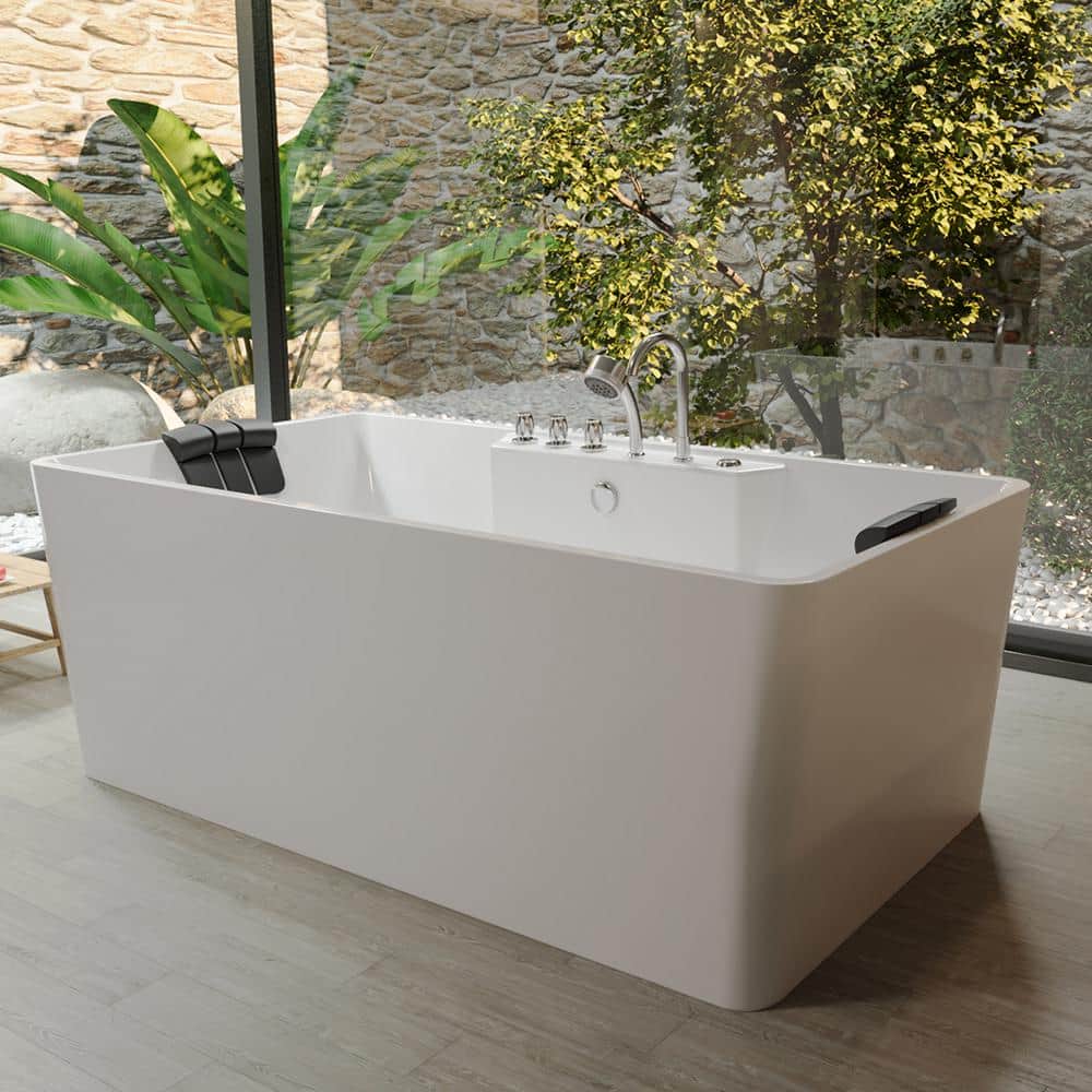 67'' White Freestanding Acrylic Whirlpool Bathtub with Faucet