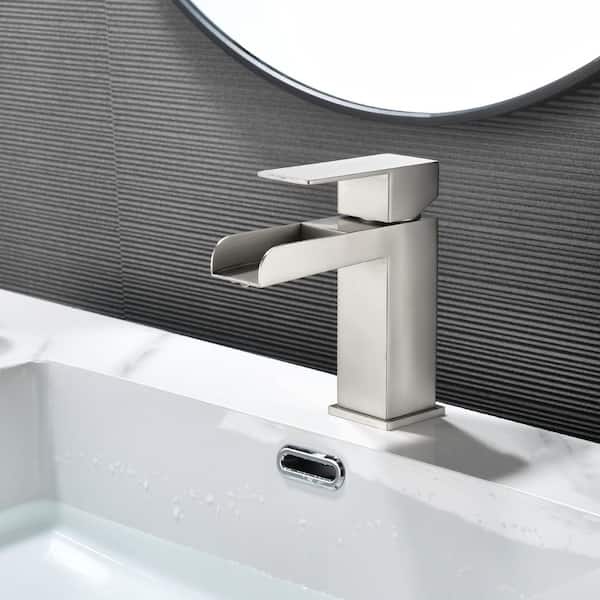 Single Handle Single Hole Bathroom Faucet with Deckplate and Drain Included, Waterfall Bathroom Faucet in Brushed Nickel
