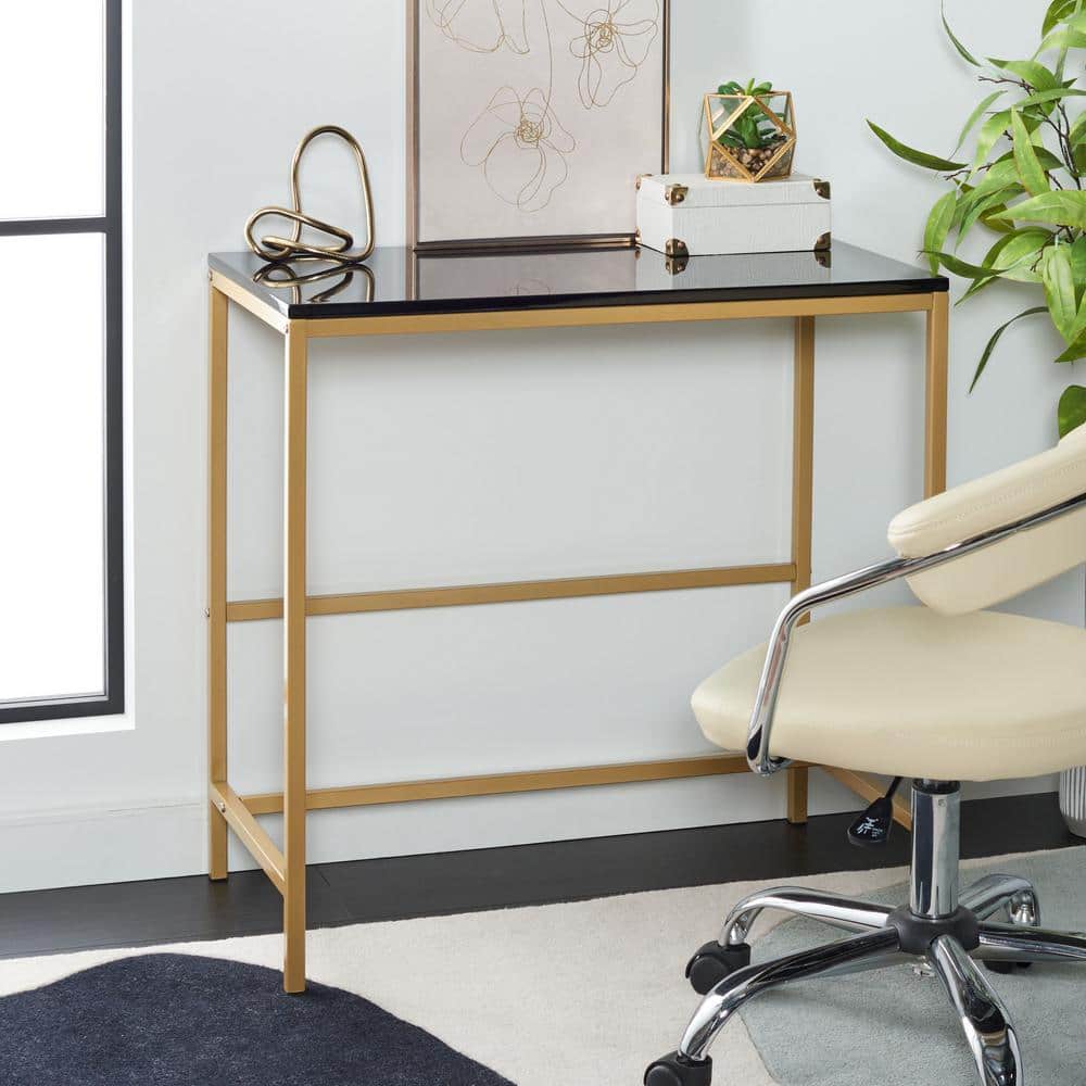 Glossy Black and Gold 34" Scandinavian Writing Desk