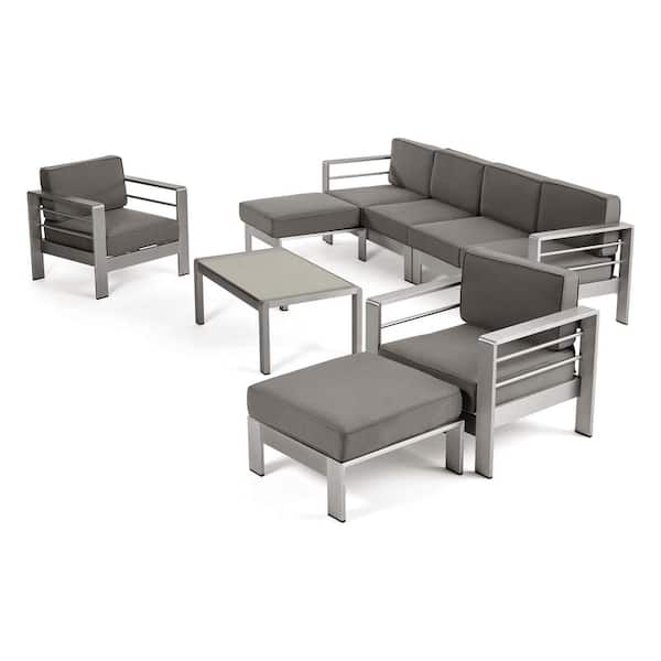 Noble House Cape Coral Silver 7-Piece Aluminum Outdoor Patio Conversation Set with Khaki Cushions