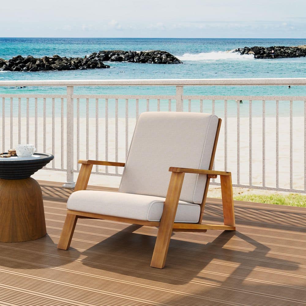 Wood Outdoor Lounge Chair, Patio Adirondack Club Chair with Beige