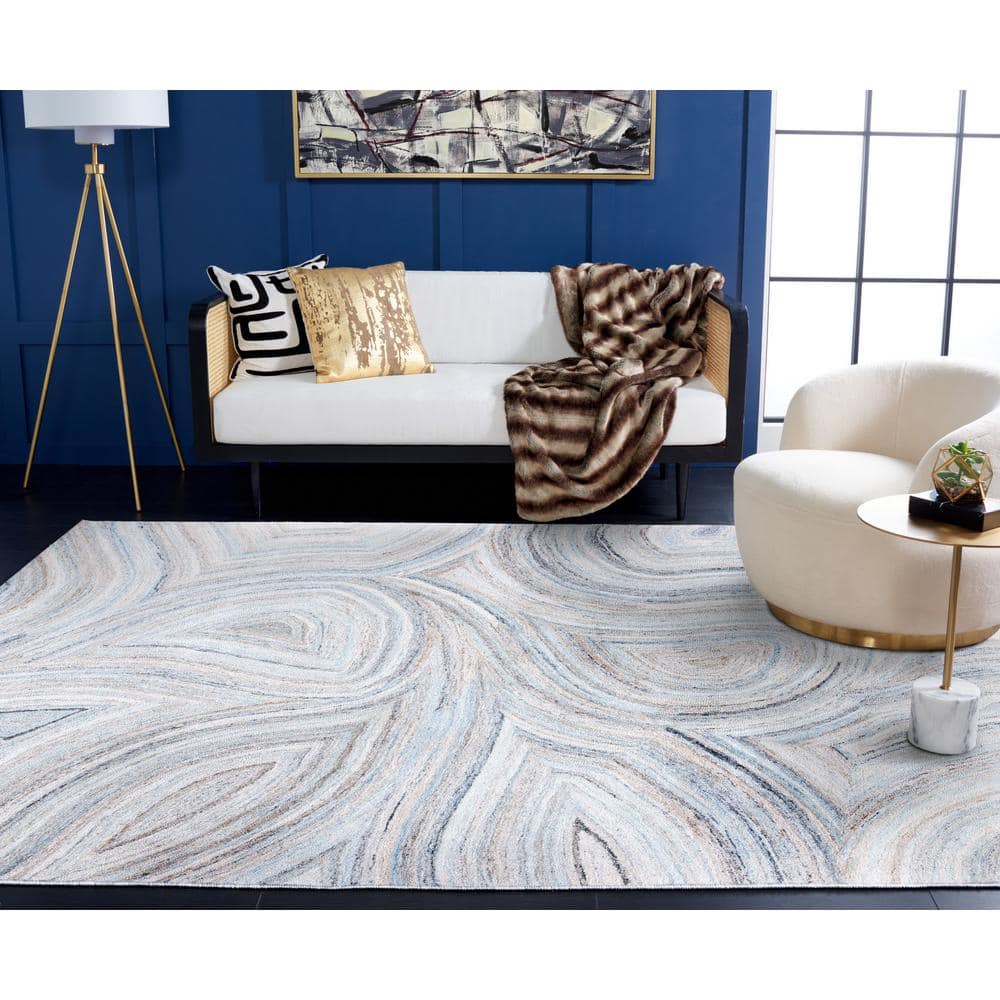 Blue and Beige Abstract 8' x 10' Hand-Tufted Wool Area Rug