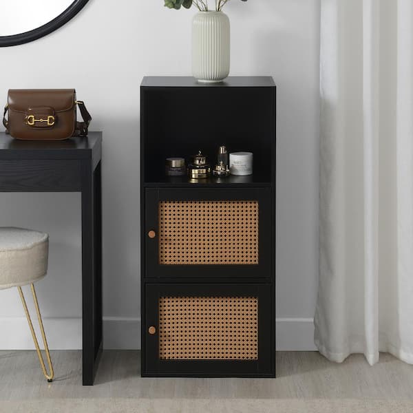 Xtra Storage Black and Beige Barley Boho Weave 35.25 in. H 2 Door Cabinet with Shelf