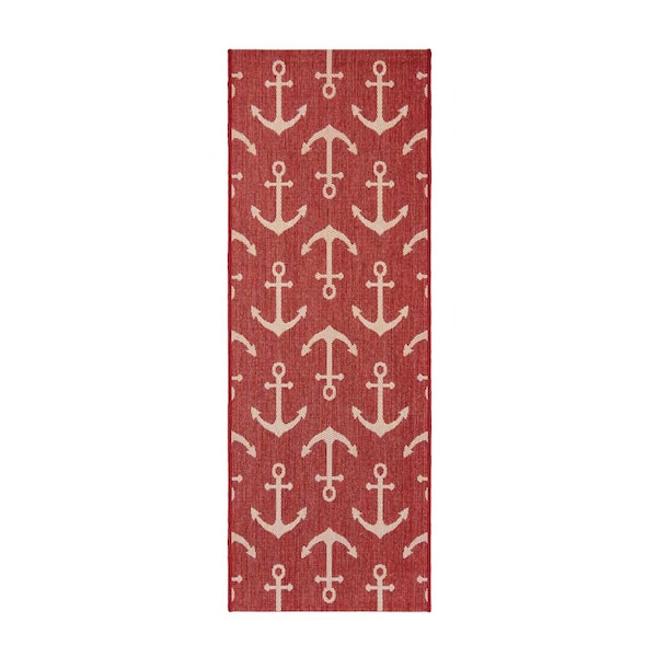 Paseo Maritime Anchors Red/Grain 2 ft. x 6 ft. Indoor/Outdoor Area Rug