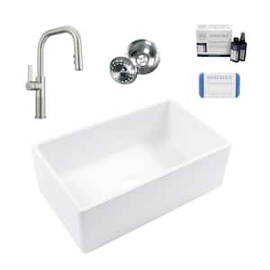 Bradstreet II 30 in. Farmhouse Apron Front Undermount Single Bowl White Fireclay Kitchen Sink with Stainless Faucet Kit