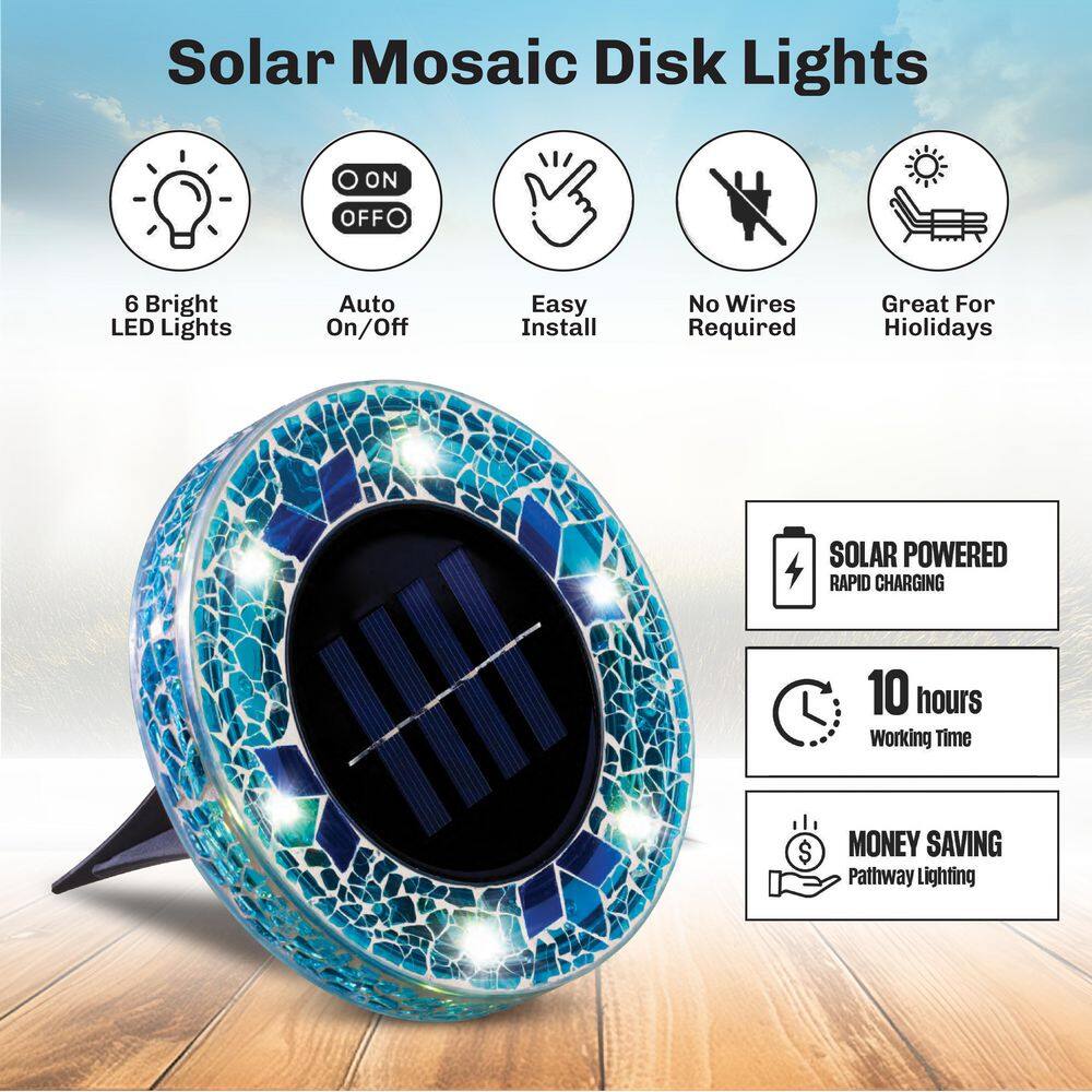 Blue Mosaic Solar Powered LED Disk Lights Set of 4