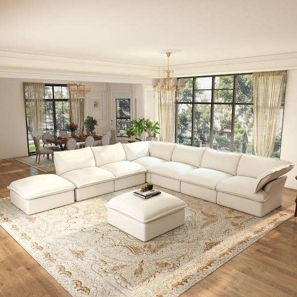 Convertible 163 in. Flared Arm 8-Piece Linen Modular Cloud Sectional Sofa with Detachable Covers, 2 Ottomans in. White