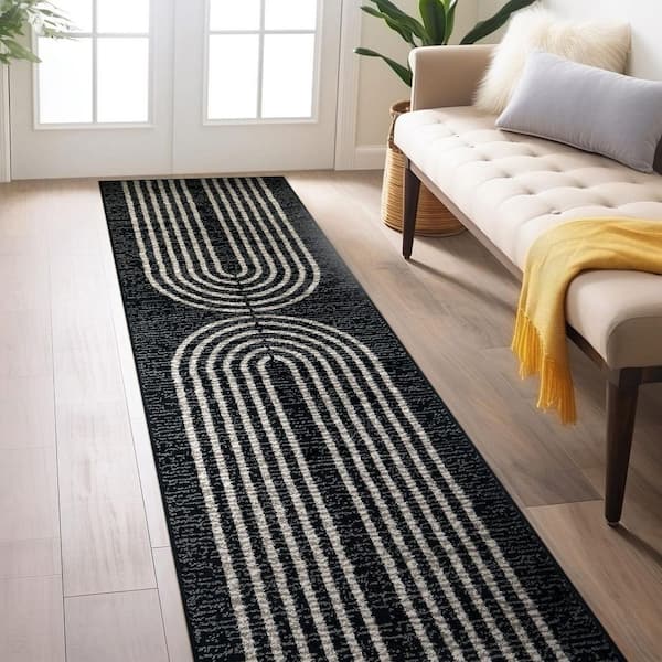 Contemporary Arch Design Area Rug Black 2 ft. 3 in. x 12 ft. Runner Rug
