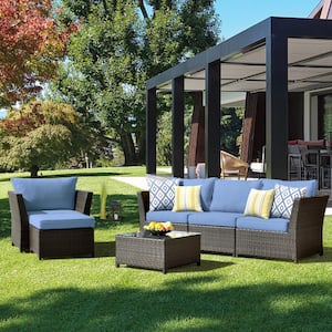 Huron Gorden Brown 6-Piece Wicker Outdoor Patio Conversation Sectional Sofa Set with Blue Cushions