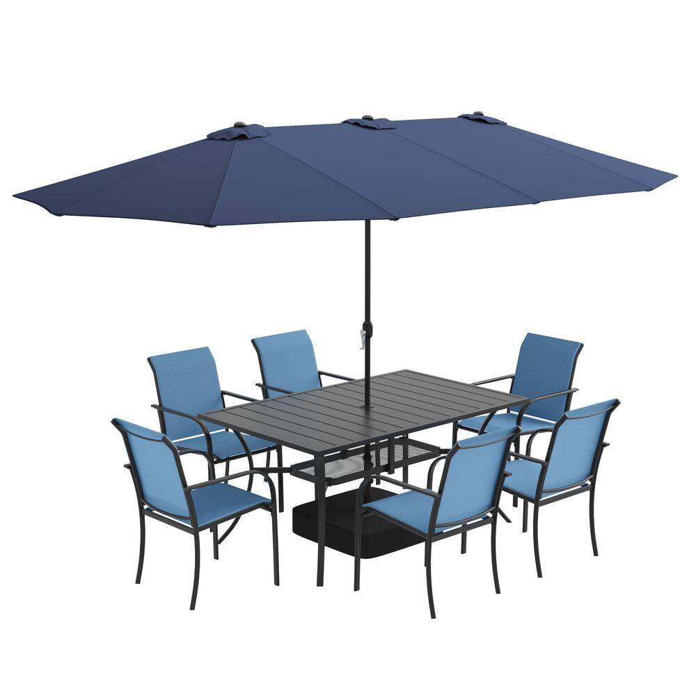 8-Piece Metal Outdoor Dining Set with 59.2 in. Rectangle Table, 6 Stackable Textilene Chairs in Blue and Blue Umbrella price history on PriceWatchPro