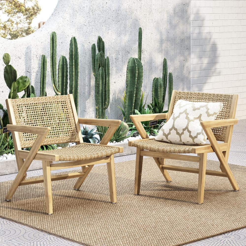 Rustic Acacia Wood and Wicker Outdoor Dining Chair, Light Brown, Set of 2