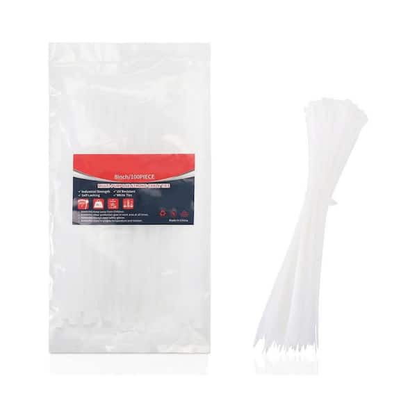 8 in. UV Resistant Nylon Cable Zip Tie, Self-Locking Heavy Duty White, 100-Pack, Model Number Included