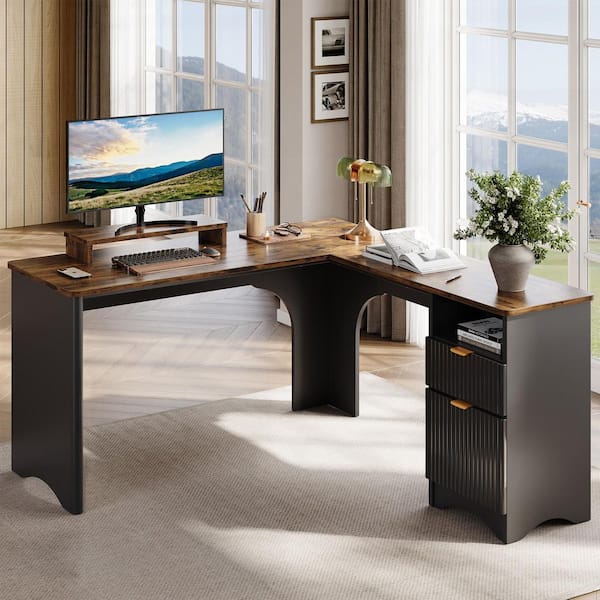 55 in. Black and Walnut L-Shaped Home Office Desk with Monitor Stand, File Drawer and Open Cubby Storage