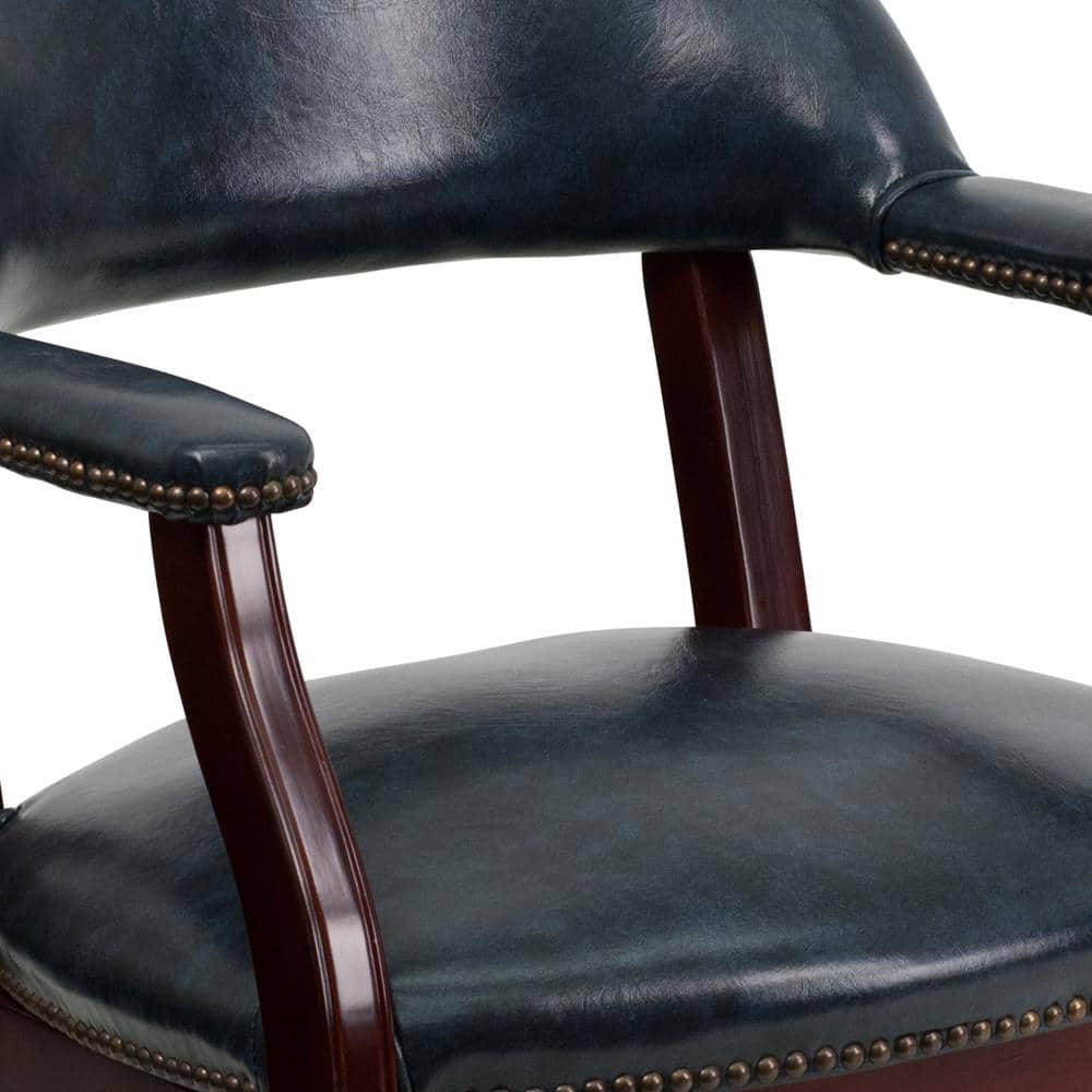 Navy Vinyl Captain's Conference Chair with Brass Casters and Mahogany Frame