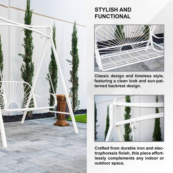 60" Iron Sun-Shaped Hanging Seat for Two, Durable Indoor/Outdoor Swing Bench, White Metal Patio Swing with Sun Pattern