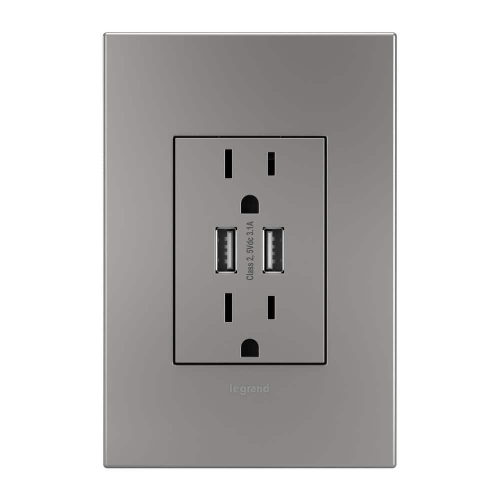 Legrand Adorne 15 Amp 125 Volt Dual Usb Plus Size Duplex Outlet With Wall Plate Magnesium Artrusb153m4wp The Home Depot