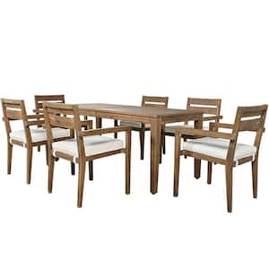 Burly Wood 7-Piece Wood Outdoor Dining Set with Beige Cushion