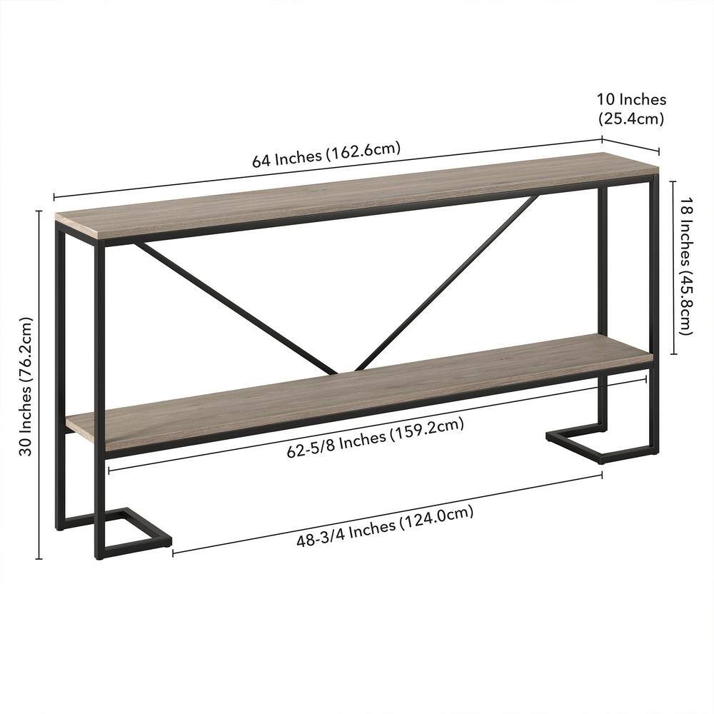 Farmhouse V-Back 64" Blackened Bronze & Antiqued Gray Oak Console Table with Shelf