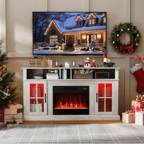 58 in. Freestanding Wooden Smart Electric Fireplace TV Stand in Gray with LED Lights