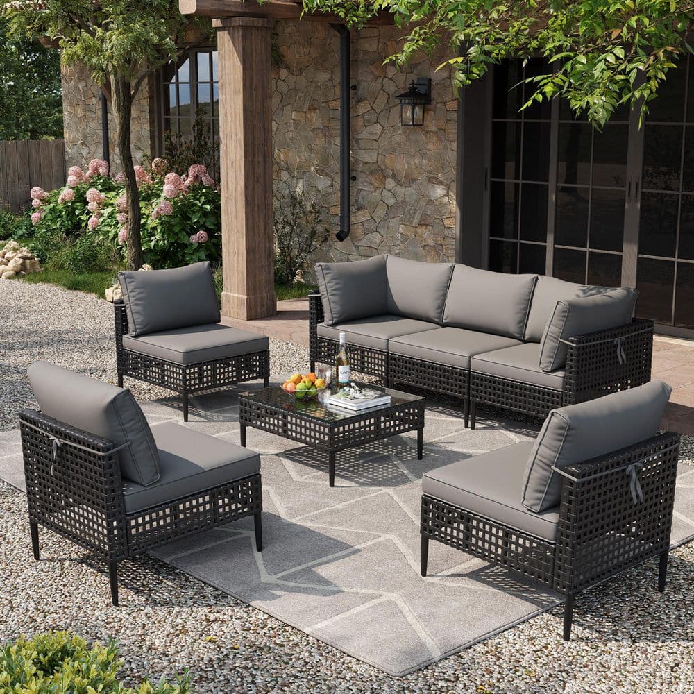 Black 7-Piece Wicker Modular Patio Conversation Set with Gray Cushions price history on PriceWatchPro