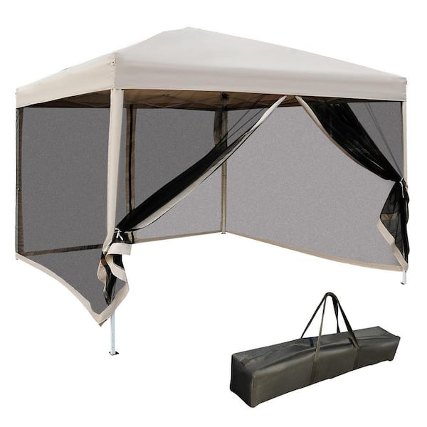 10 ft. x 10 ft. Beige Pop-Up Canopy Tents with Carry Bag and Netting for Garden, Lawn, Backyard and Deck
